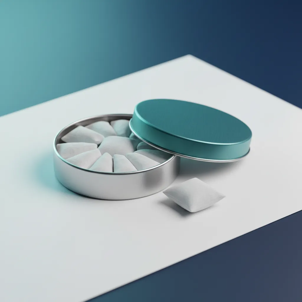 Open blikje met witte nicotinezakjes naast elkaar, nicotinezakjes versus snus productfoto