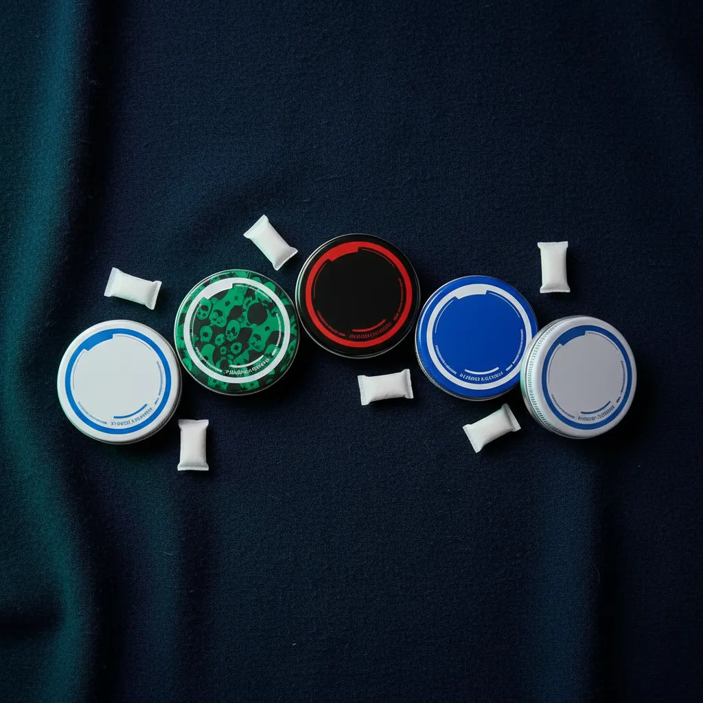 Overzicht van vijf ronde blikjes nicotinezakjes in verschillende kleuren, nicotinezakjes versus snus productvergelijking