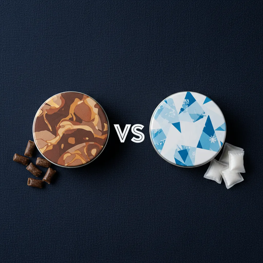 Nicotinezakjes versus snus vergelijking van twee ronde blikjes naast elkaar op donkere achtergrond