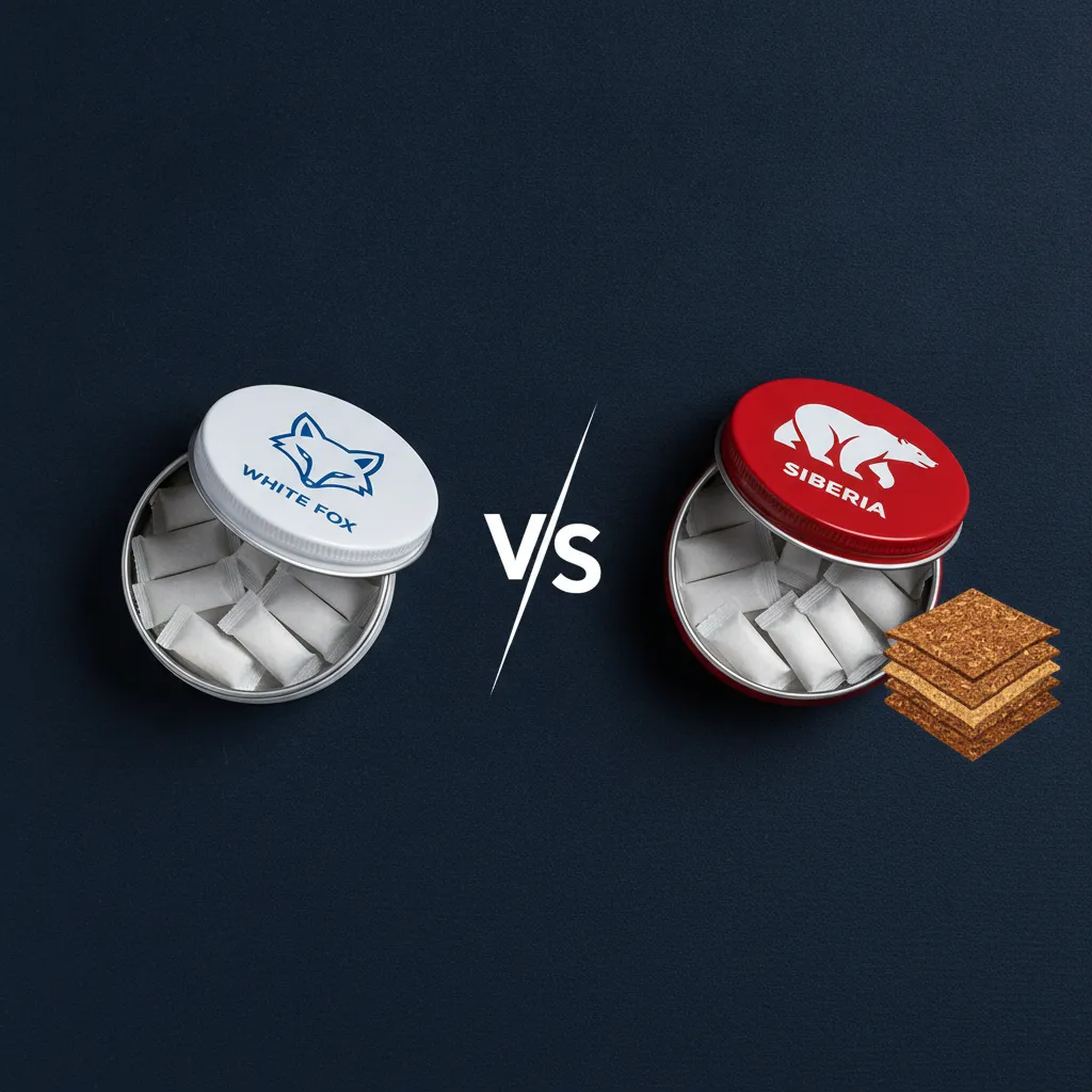 nicotine versus tabak verschil: open blikje nicotinezakjes naast tabaksblad structuur
