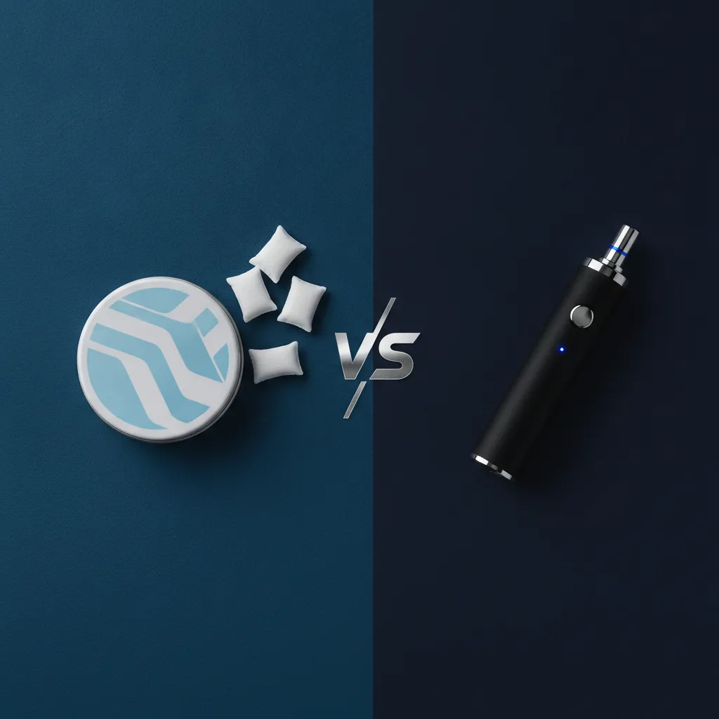 Vergelijking nicotinezakjes versus e-sigaretten op donkere achtergrond