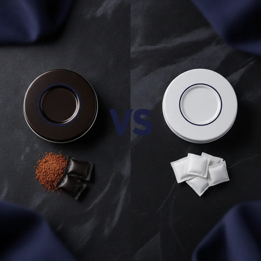 Vergelijking van snus en nicotinezakjes naast elkaar, nicotinezakjes snus verschil in kleur en uiterlijk