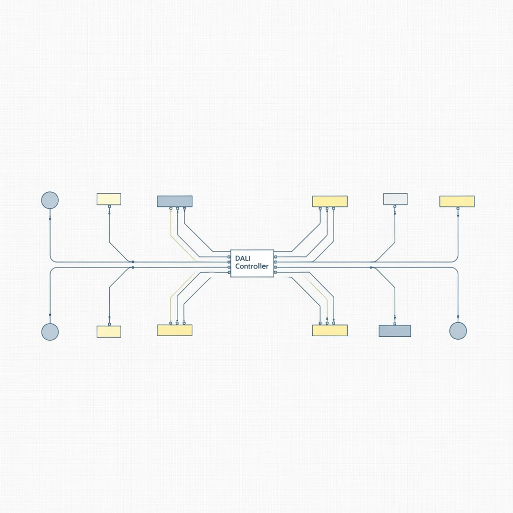 Diagram over DALI lysstyring systemarkitektur med bus-topologi og individuel adressering af armaturer