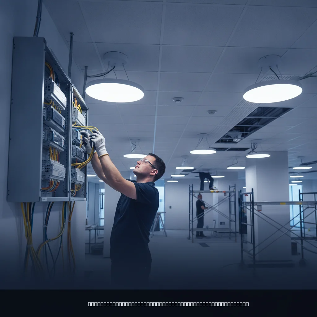 Professionel el-installatør udfører lysstyring installation i erhvervsbygning med DALI kontrolpanel