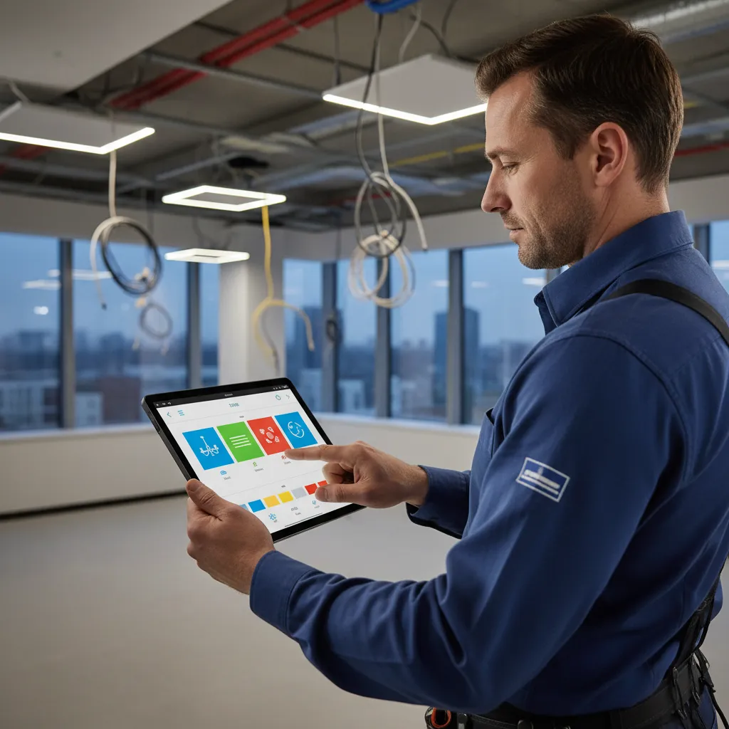 El-installatør udfører commissioning af Casambi belysning trådløs system med tablet og app