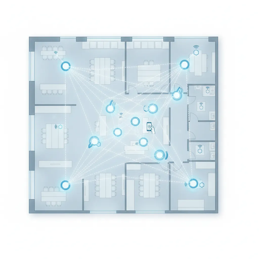 Diagram over Casambi belysning trådløs BLE mesh-netværk med armaturer og gateway