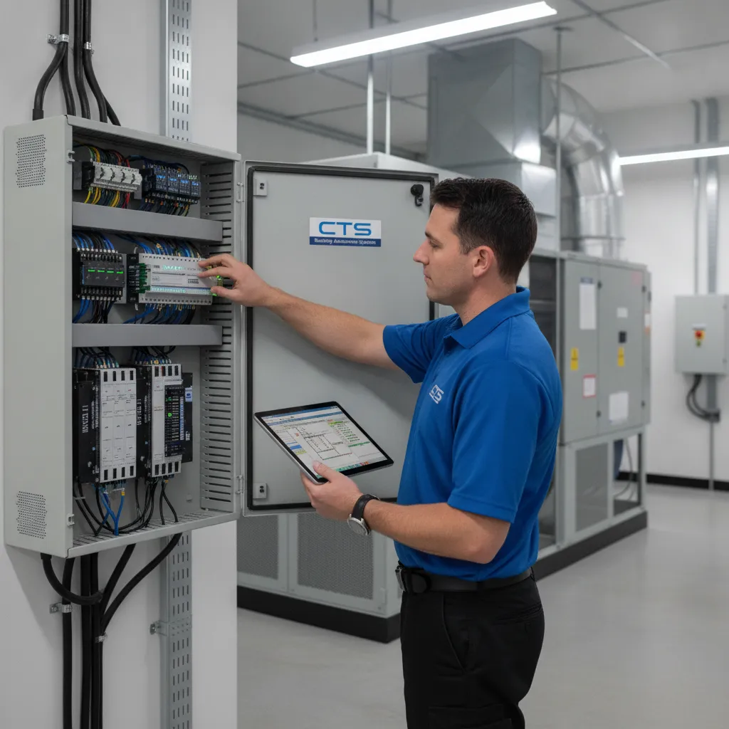 Tekniker udfører commissioning af CTS bygningsautomatik system med BACnet konfiguration på tablet