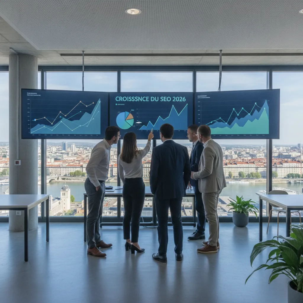 équipe analysant les bénéfices du guide complet SEO et le retour sur investissement en 2026