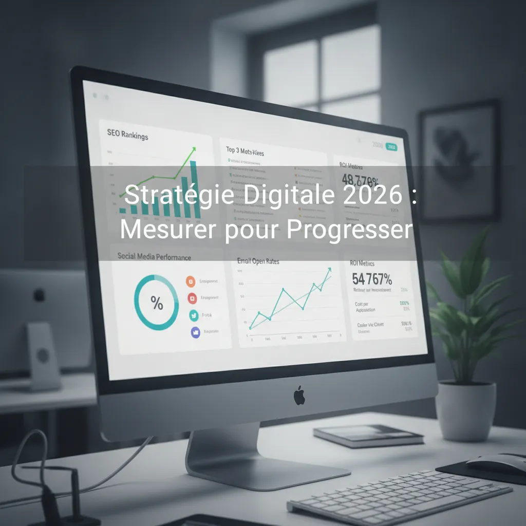tableau de bord de stratégie marketing digital 2026 - indicateurs SEO, réseaux sociaux et ROI
