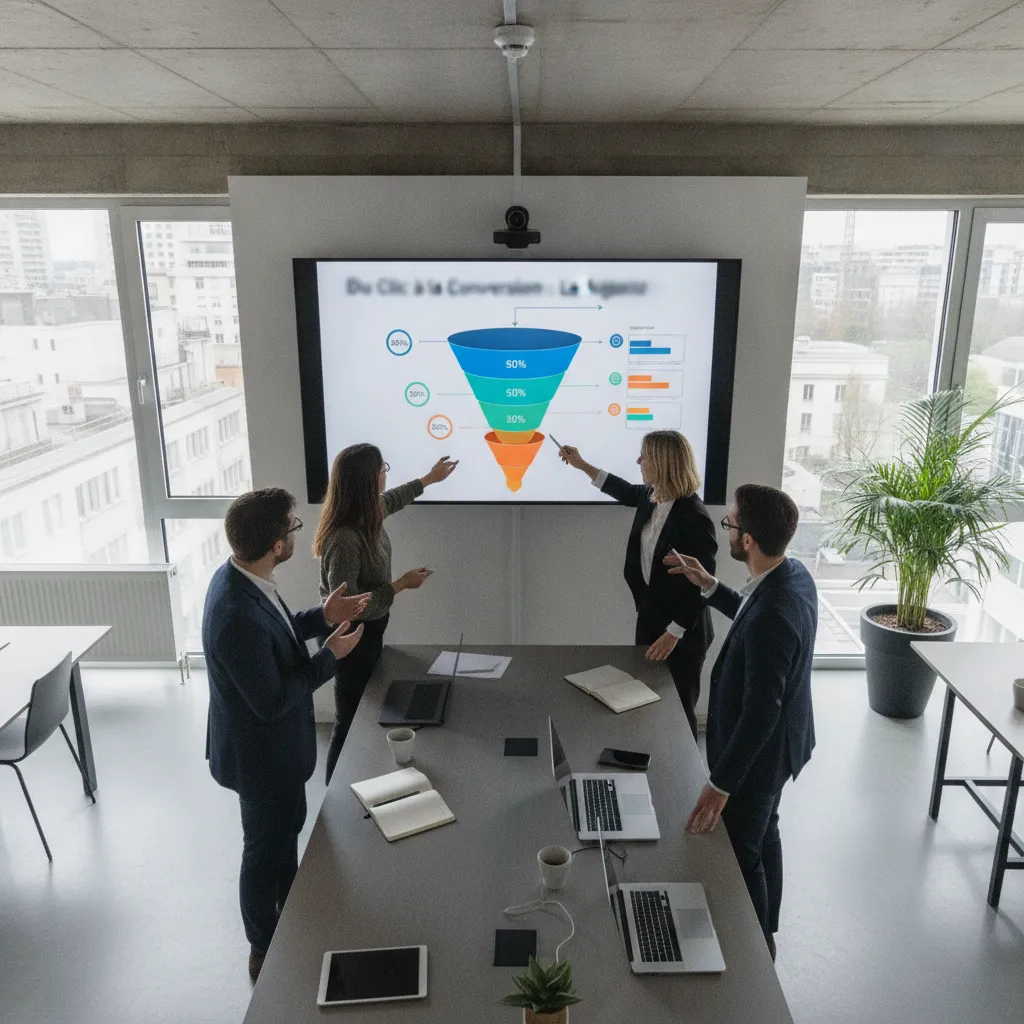 équipe marketing digital travaillant sur un funnel de conversion numérique - qu'est-ce que le marketing digital en pratique