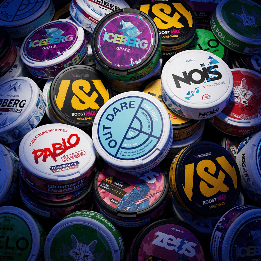 variety of nicotine pouch brands showing proper storage containers