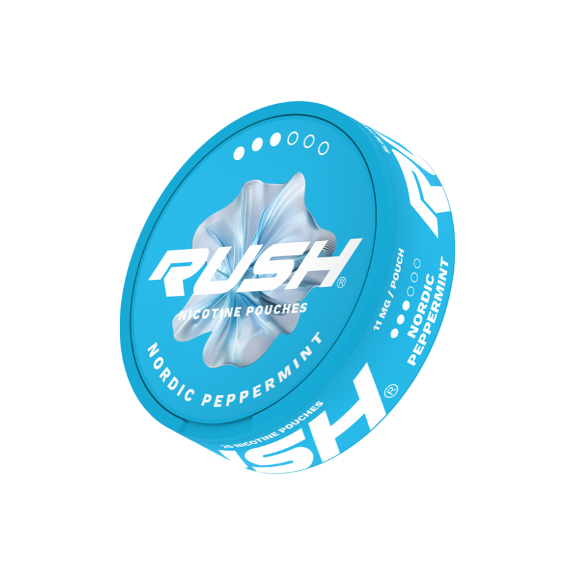 Rush Nordic Peppermint slim formaat nicotinezakjes, voorbeeld van slim formaat assortiment bij DarePouch