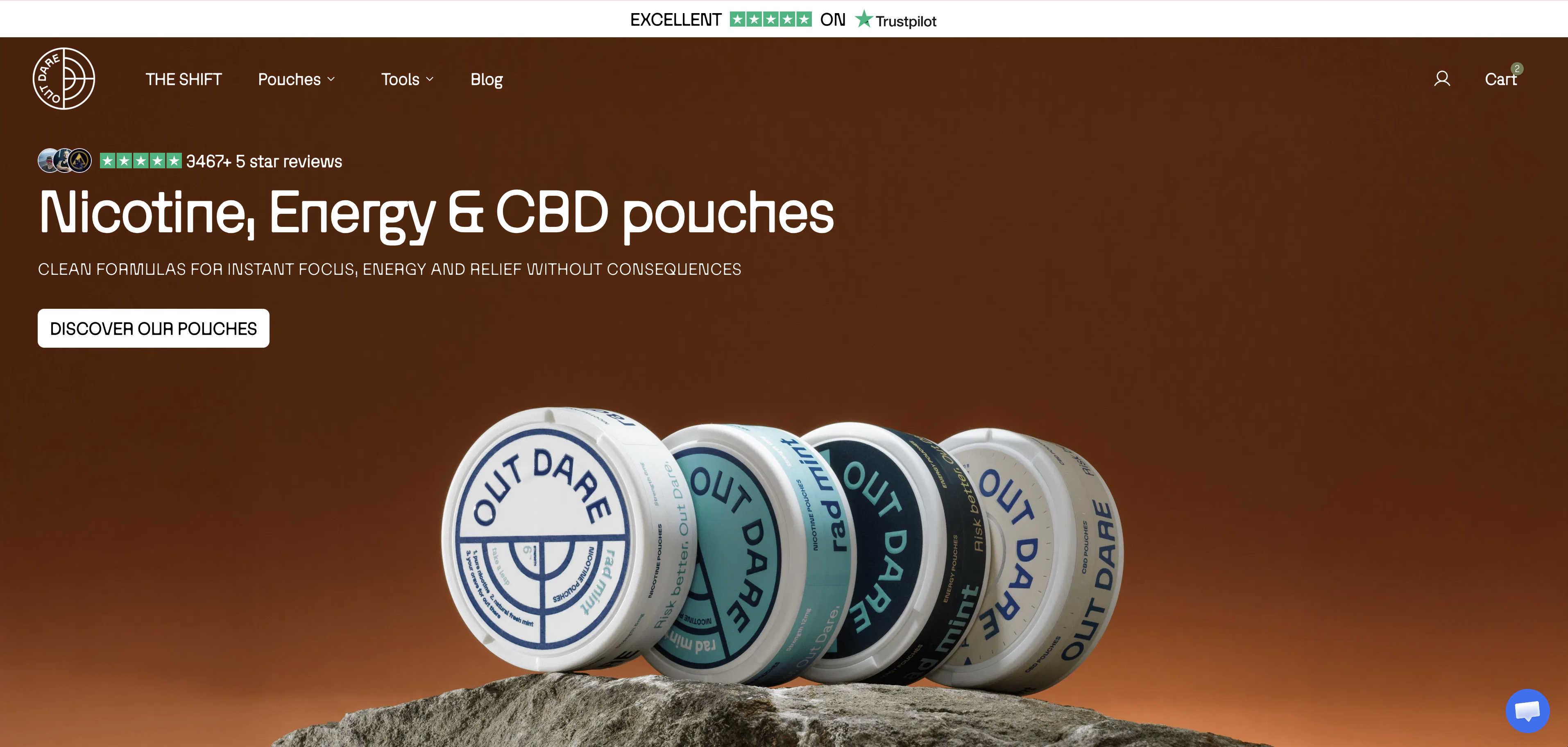 Outdare website screenshot showing nicotine pouches, energy pouches, and CBD pouches